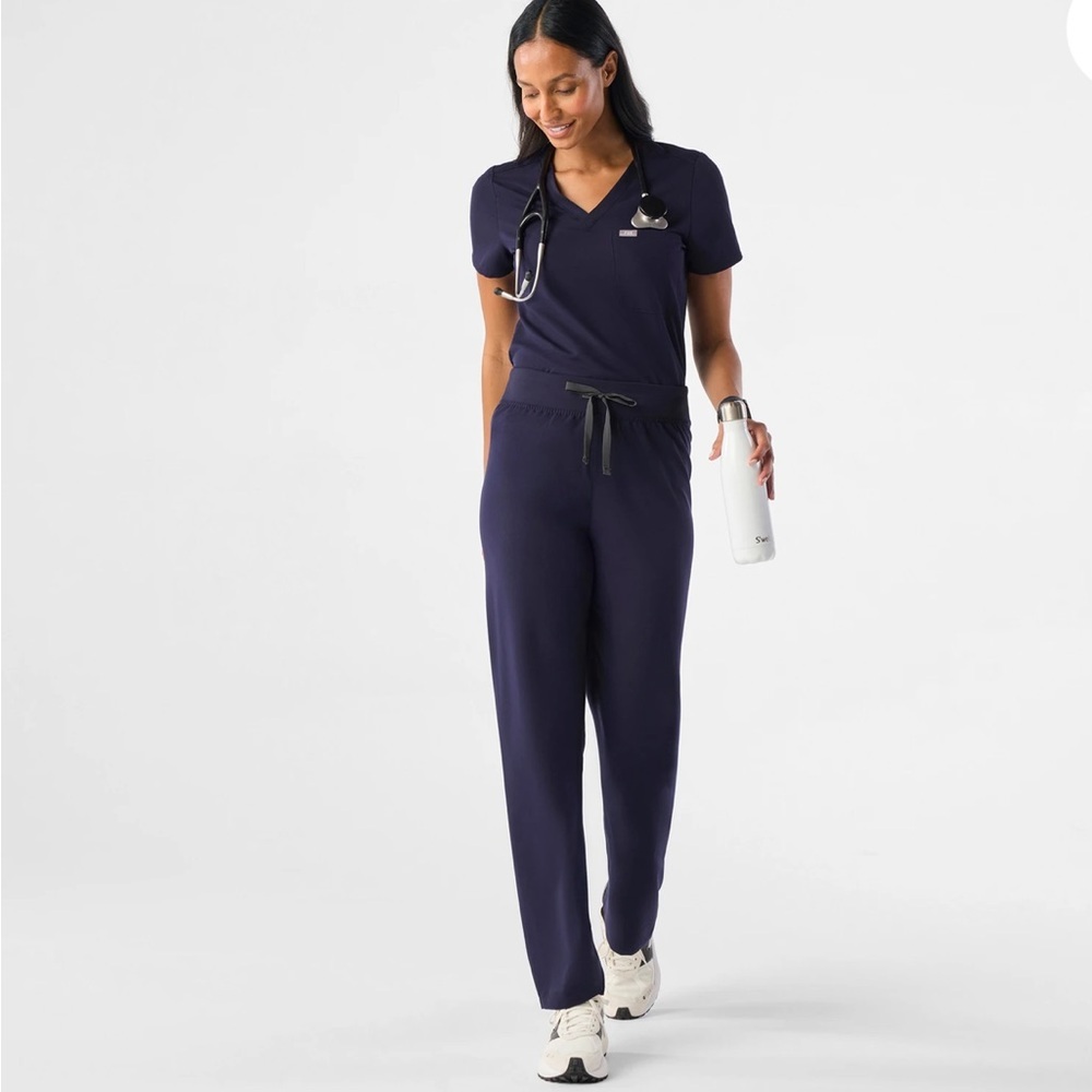 Figs Livingston High-Waisted Navy Track Pants with Drawstring - Picture 2 of 6